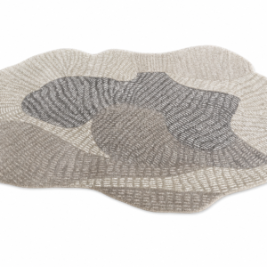 Organic pebble-shaped neutral tufted area rug with zen linear ripple texture for Japandi living room manufactured by China carpet factory