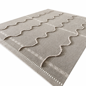 Modern Japandi neutral flatweave area rug with 3D raised wavy squiggle lines and textured border manufactured by China carpet factory