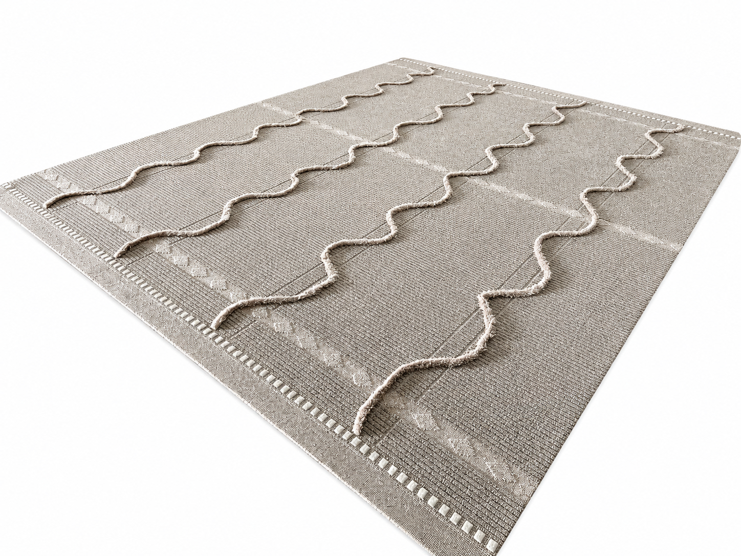 Modern Japandi neutral flatweave area rug with 3D raised wavy squiggle lines and textured border manufactured by China carpet factory