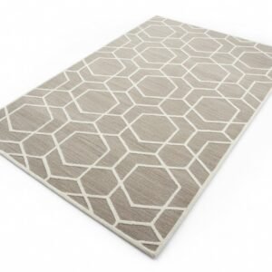 Modern 3D geometric hexagon honeycomb trellis area rug with high-low ivory lattice and heathered taupe base manufactured by China carpet factory