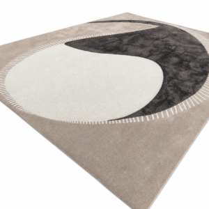 Modern celestial solar eclipse and yin-yang abstract tufted area rug with radiating sunburst border on warm greige base manufactured by China carpet factory