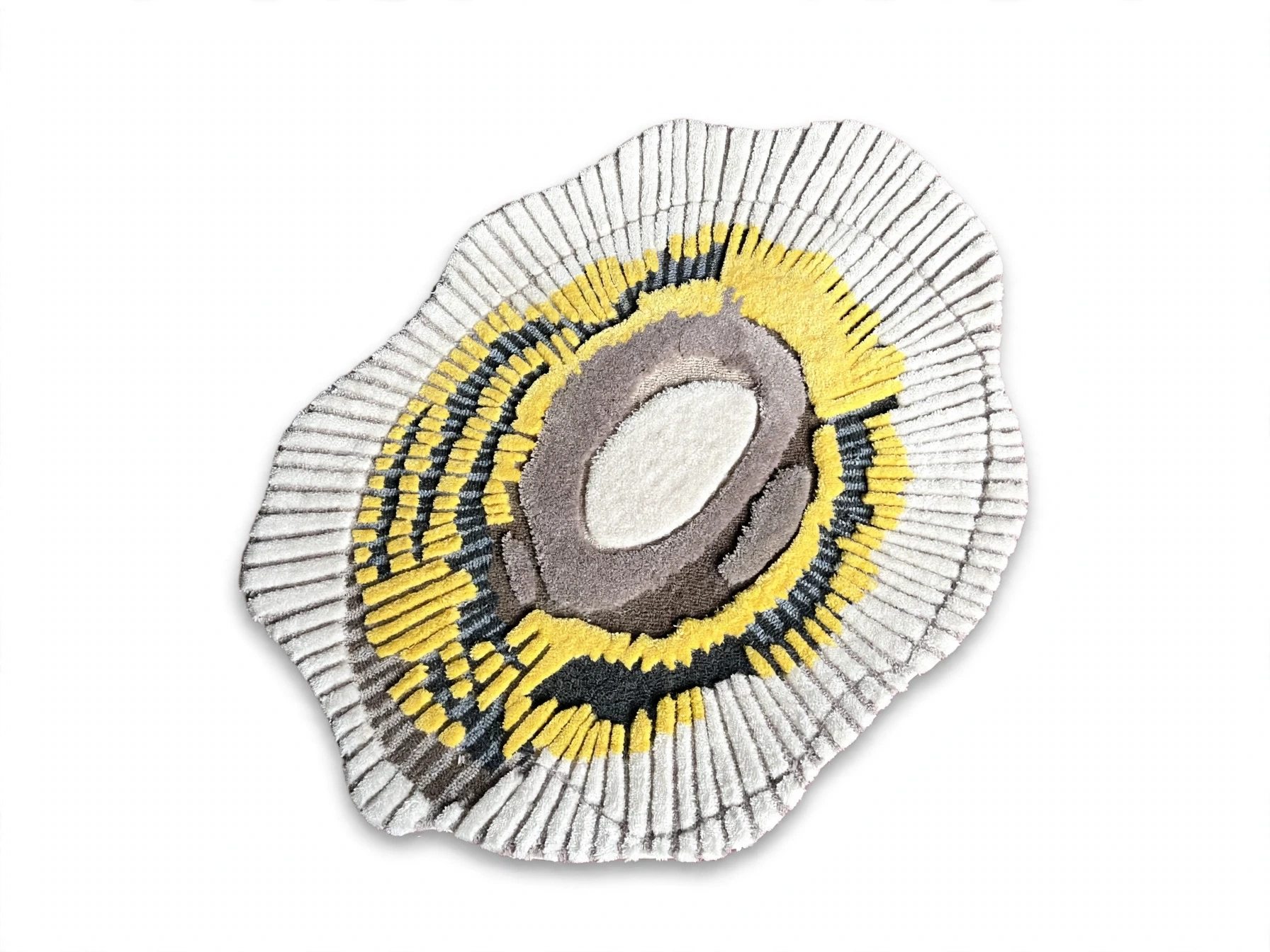 Artistic irregular oyster shell shaped tufted area rug with 3D carved radial ridges and sunburst yellow accents manufactured by China carpet factory